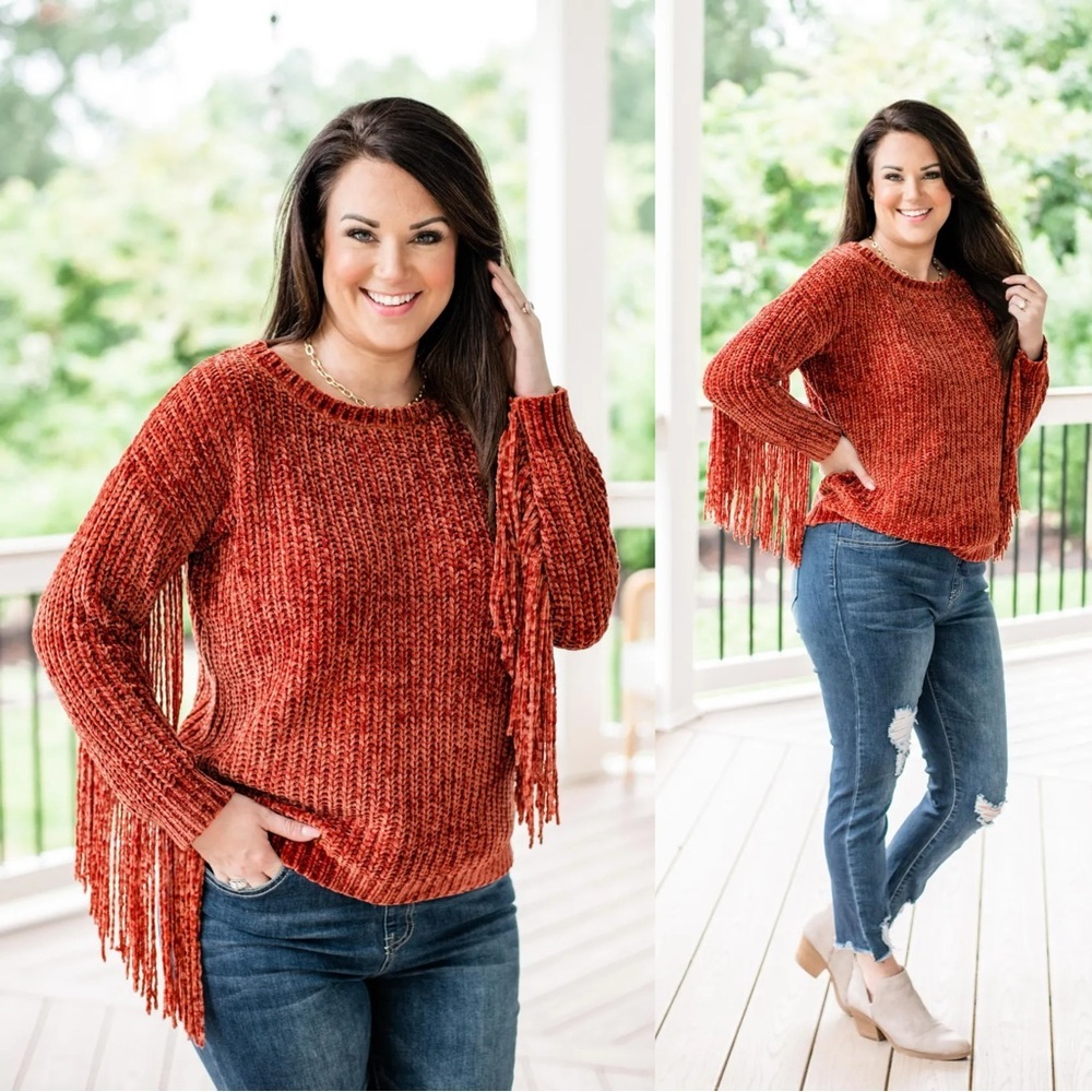NWT BiBi Chenille Fringe Longsleeve Sweater Boho Western in Vintage Brick XL